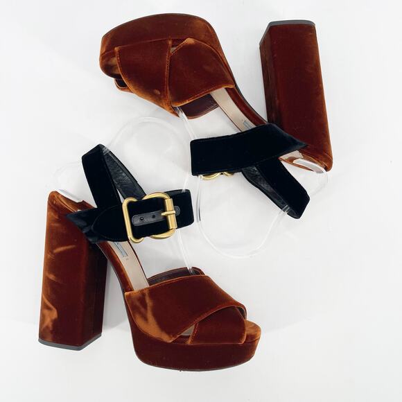Prada Bicolor Velvet Block-heel Chunky Platform Sandal In Black-Tabacco IT 40 - Picture 4 of 13